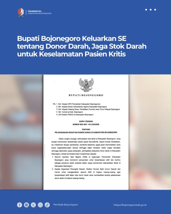 Bupati Bojonegoro Keluarkan SE tentang Donor Darah, Jaga Stok Darah untuk Keselamatan Pasien Kritis