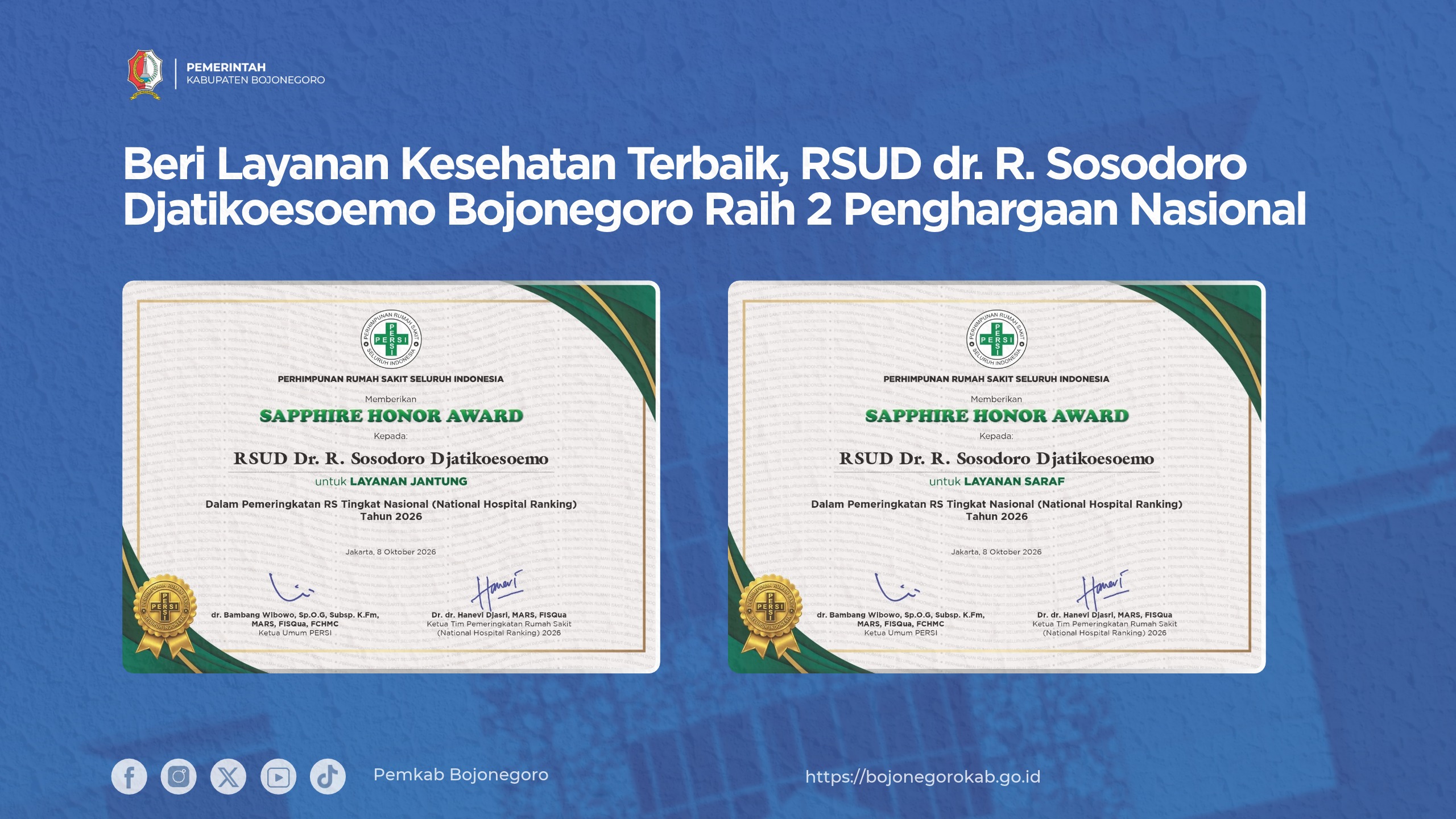 RSUD Sosodoro Djatikoesoemo Bojonegoro Raih dua penghargaan dari Persatuan Rumah Sakit Seluruh Indonesia